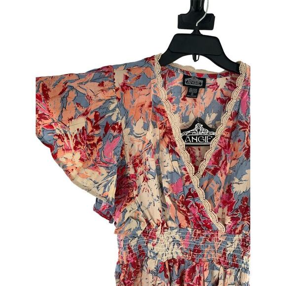 Angie Floral Smocked Waist Flutter Sleeves Boho V-Neck Dress Size Small NEW - Picture 8 of 10